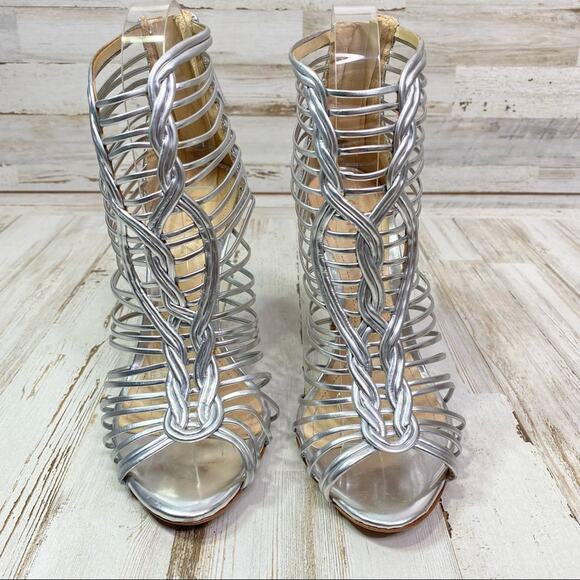 Schutz Margaery Metallic Strappy Sandal Womens Size 6B Silver Stiletto Caged - Picture 2 of 14